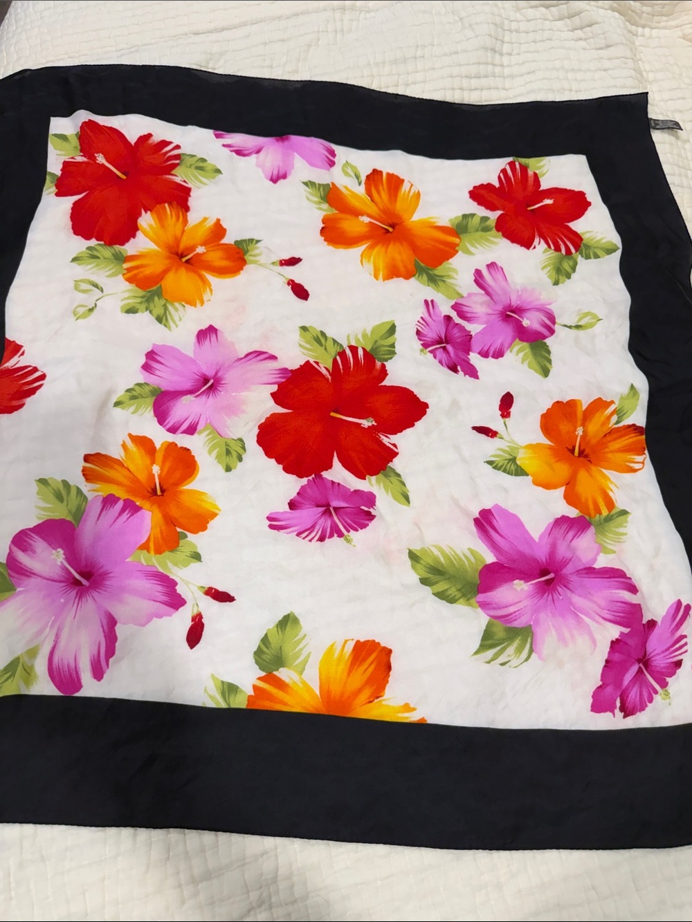 Echo Silk -Floral Hibiscus Scarf in Red, Orange, Pink with Black Border